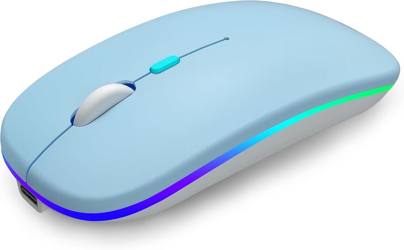AOLIKOKO فأرة بلوتوث لاسلكية قابلة لإعادة الشحن للكمبيوتر المحمول مع إضاءة LED، استخدام محمول (BT5.2 و USB 2.4G) اتصال مزدوج، فأرة كمبيوتر صامتة ونحيفة للكمبيوتر المحمول / جهاز iPad اللوحي / Apple MacBook / PC (أزرق) - Image 1